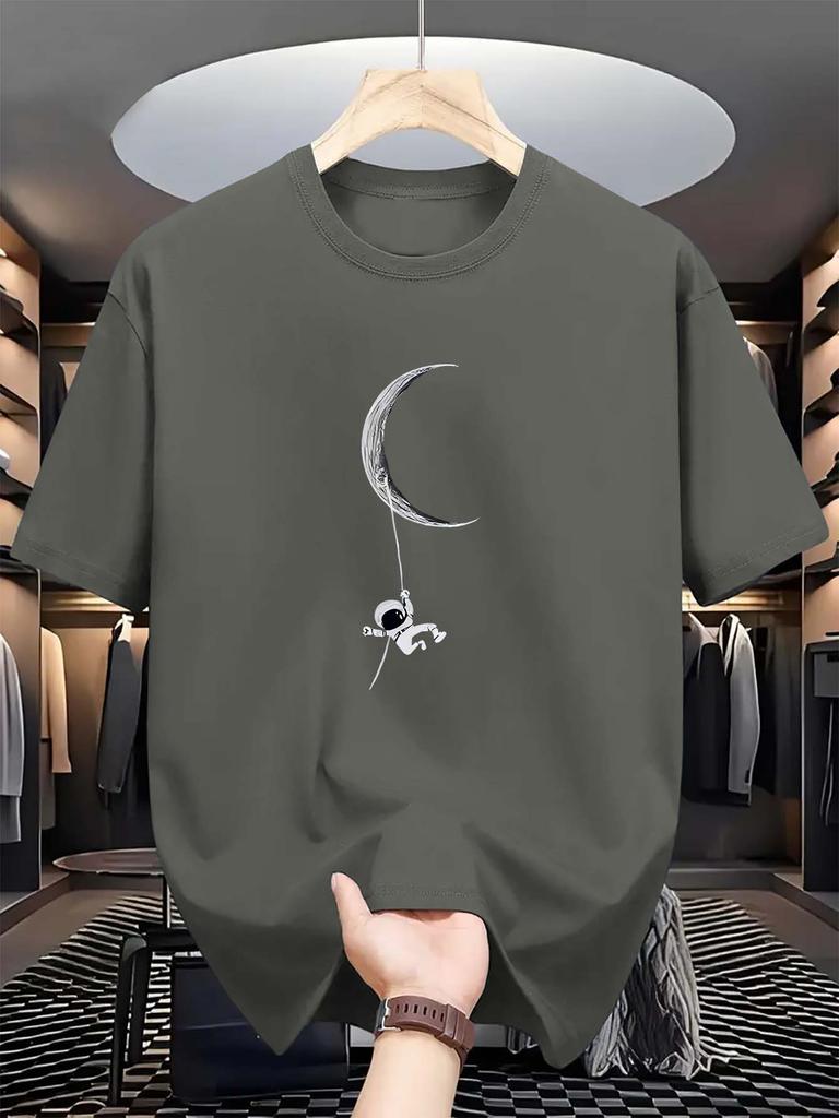 Astronaut & Moon Print Men'S T-shirt, Casual Short Sleeve Crew Neck Tee,   Composition, Regular Fit, Slight Stretch