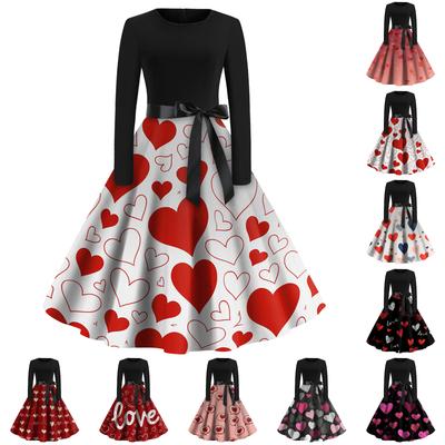 Women's Fashion Round Casual Slim Fit  Print Large Swing Long Sleeve Dress