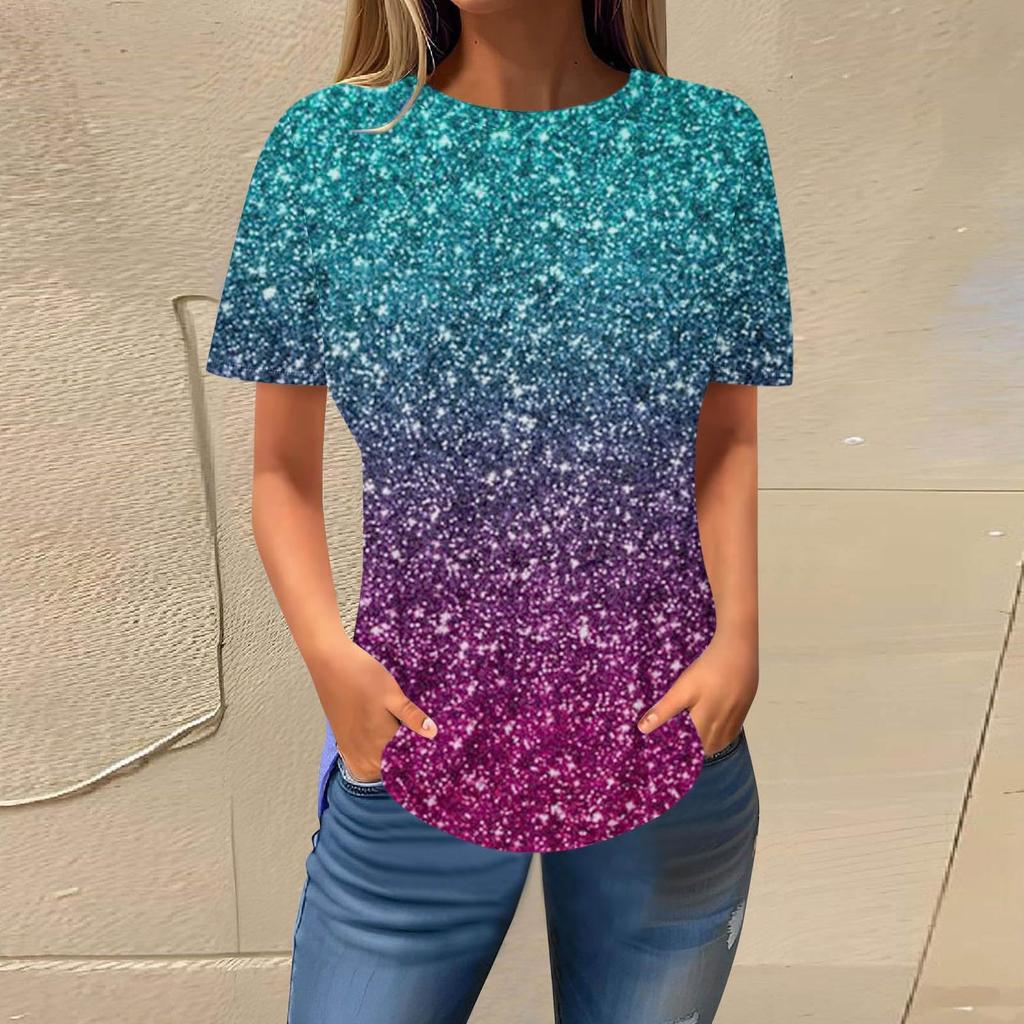 Summer Round Neck 3D Gradient Glitter Print Top Fashionable Casual Short Sleeved Women's T-shirts