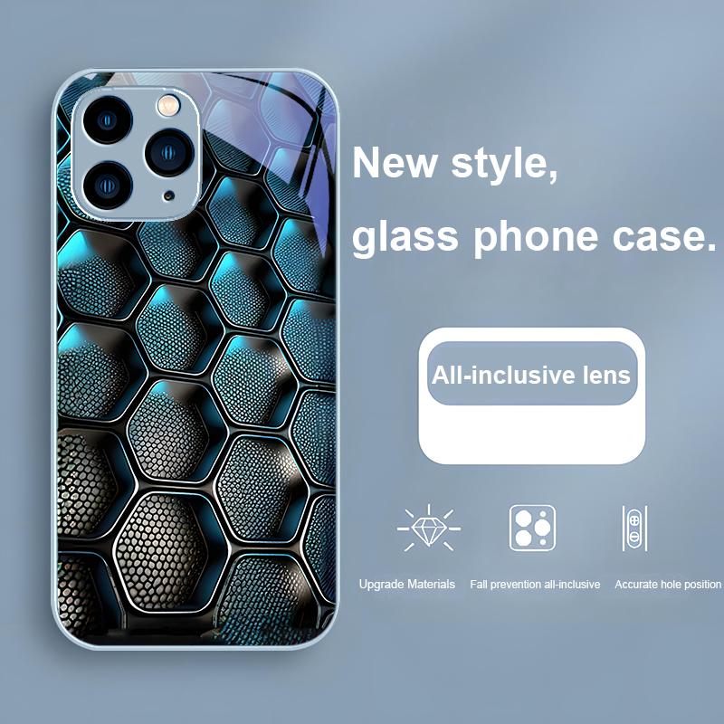 Blue Gradient Grid For IPhone 16 Plus 15 14 13 12 Mini 11 Pro Max X XS XR 7 8 Plus 2022 Tempered Glass Phone Case