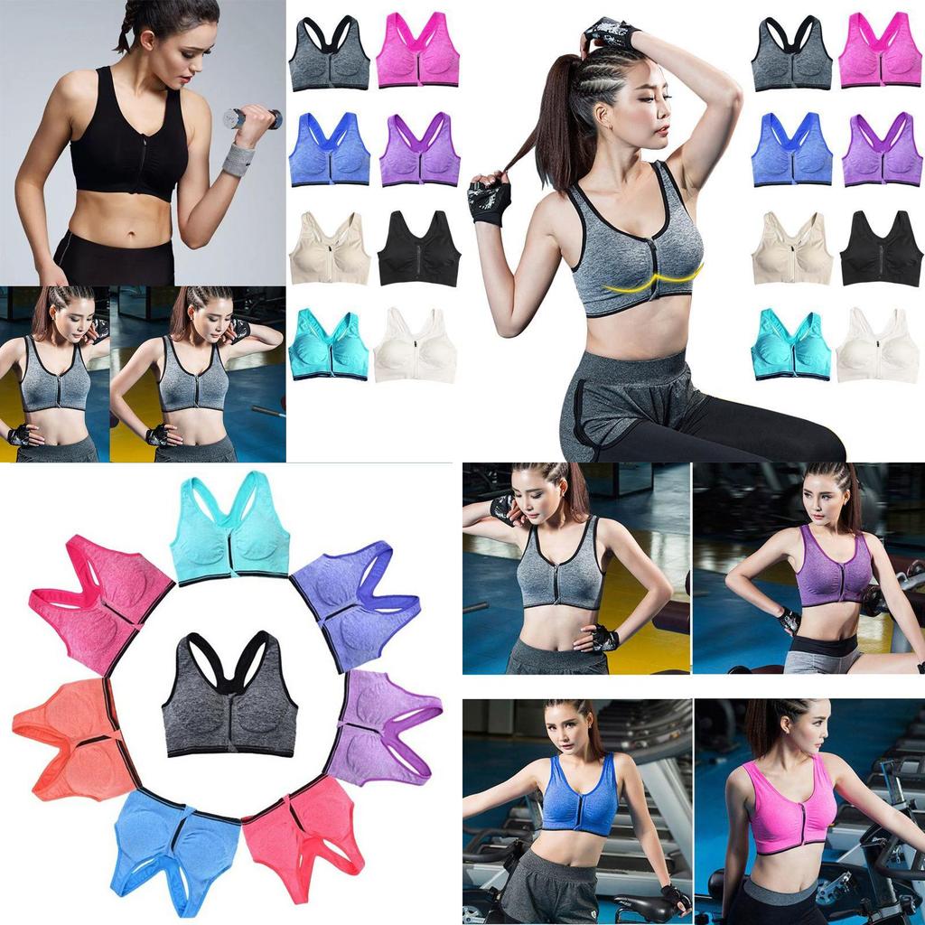 Womens Zip Front Wireless Padded Sports Bra Yoga Cami Push Up Support Top Vests
