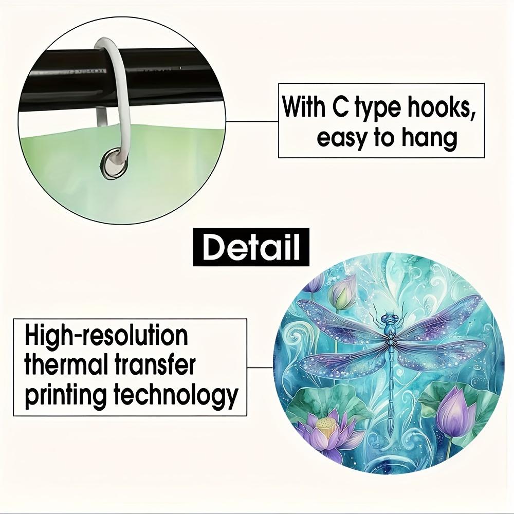 1pc Shower Curtain - Elegant Blue Dragonfly with Lotus Flowers and Swirls Design Waterproof