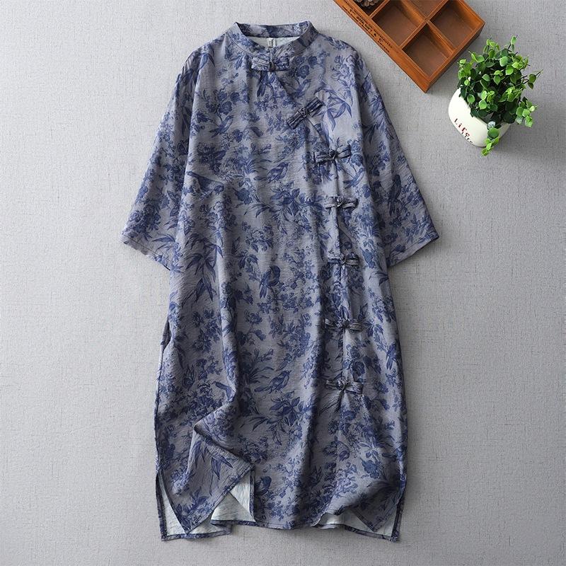 

Retro blue and white porcelain improved cheongsam skirt large size fat mm thin medium and long dress women XXL синий