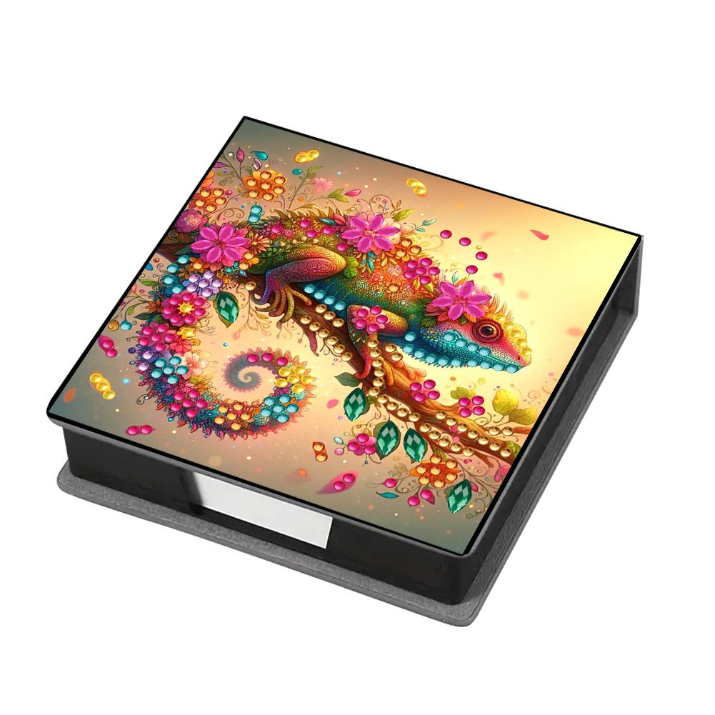 Leather Animals Gem Painting Memo Pad Holder Mosaic Kit Pattern Diamond Art Note Box with 160 Sheets of Paper for DIY Art Craft