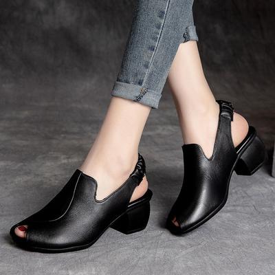 2023 Spring Summer New Retro Mid Heel Sandals Women's Thick Heel Soft Leather Versatile Fish Mouth Middle and Old Age Mom's Shoes