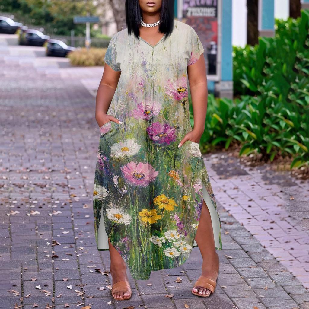 Women Floral Maxi Dress Summer Casual Short Sleeve Dress Sundress V-Neck Long Dresses With Pockets Beach Vacation