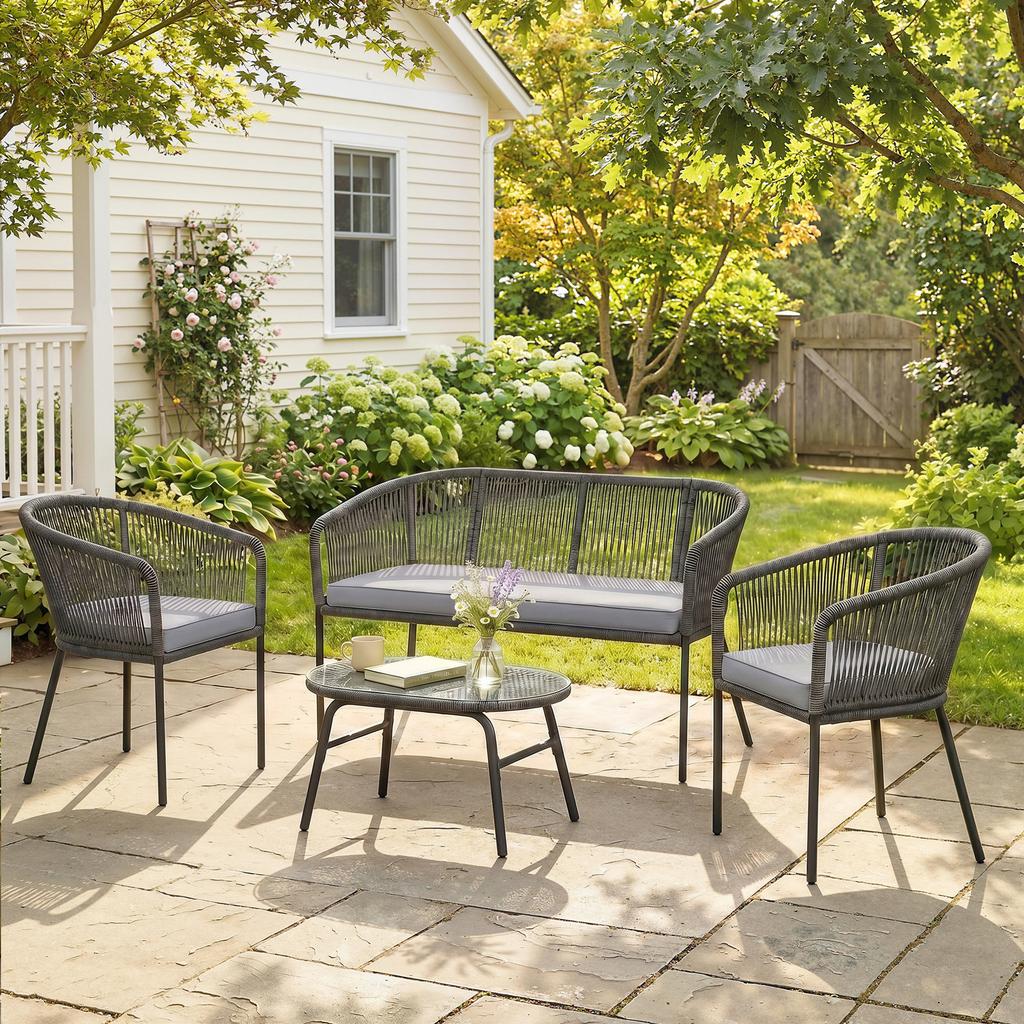 4 Piece Garden Furniture Set, Rope Garden Sofa Set with 1 Loveseat 2 Chairs Tempered Glass Table Cushions, Dark Grey