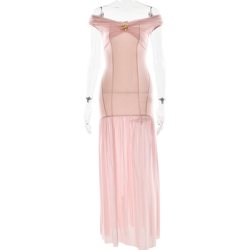

Western Style Ins New Fashion Elegant Tube Top Mesh Patchwork Long dress Sexy Backless Pleat Slim dress Pink S