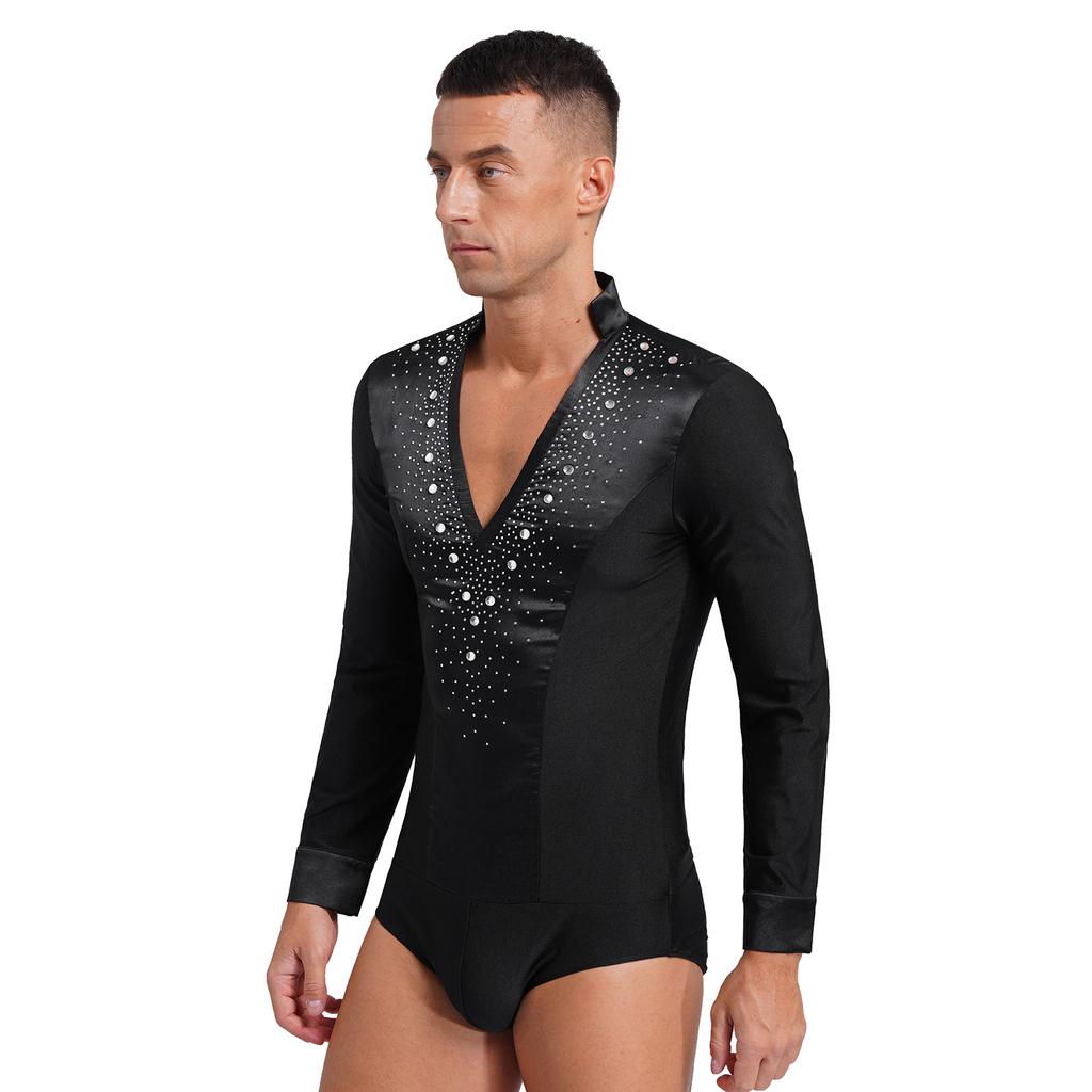 Men's Latin Dance Leotard - Glittery Rhinestones V Neck Long Sleeve Satin Patchwork Bodysuit for Performance