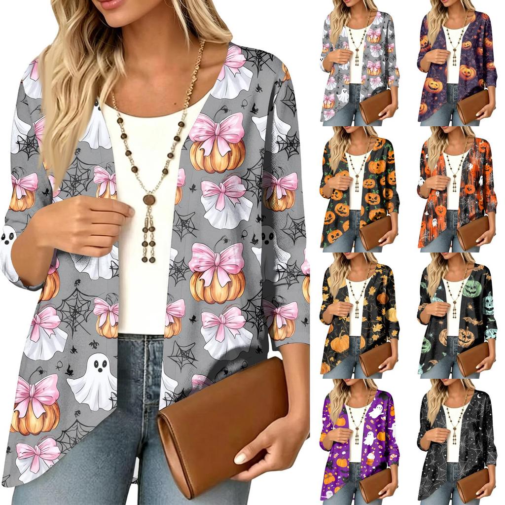 Women's Halloween Print 3/4 Sleeve Lightweight Loose Fit Cardigan for Casual Wear