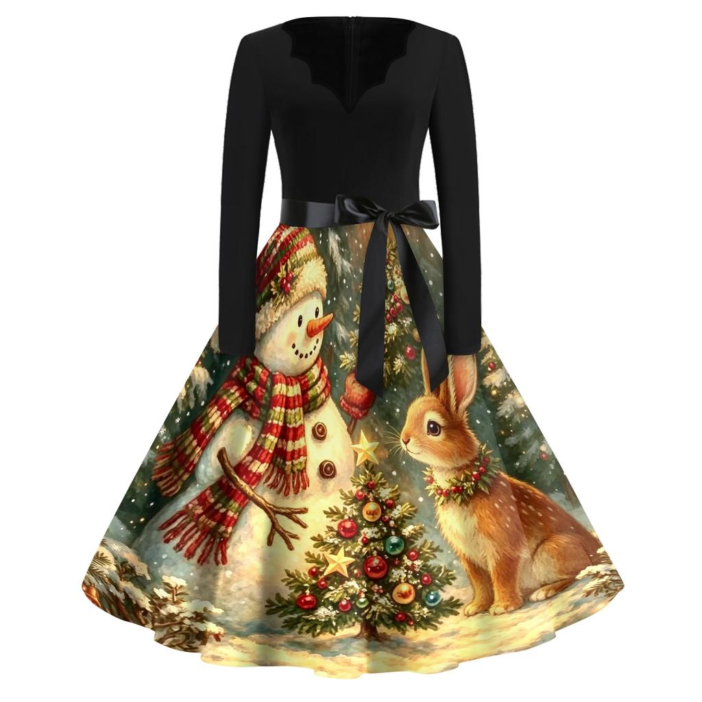 Women's Casual Vintage V-Neck Dress with Christmas Snowflake and Tree Print for Holiday Parties