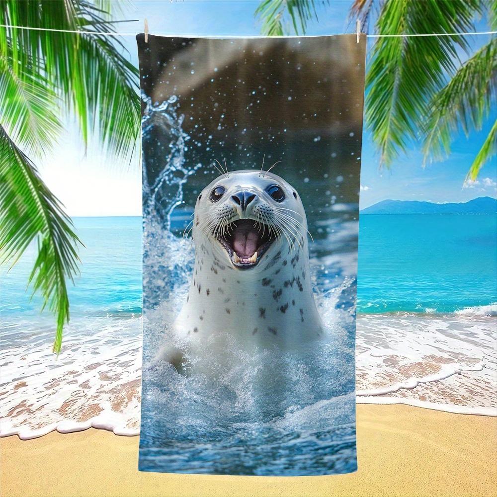 Asciugamano da Spiaggia Piatto 2D 1 Pezzo Foca Felice Stampa Animale Carina Design Scena Oceanica Asciugatura Rapida Morbida Microfibra Asciugamano da Bagno per Bambini Regalo