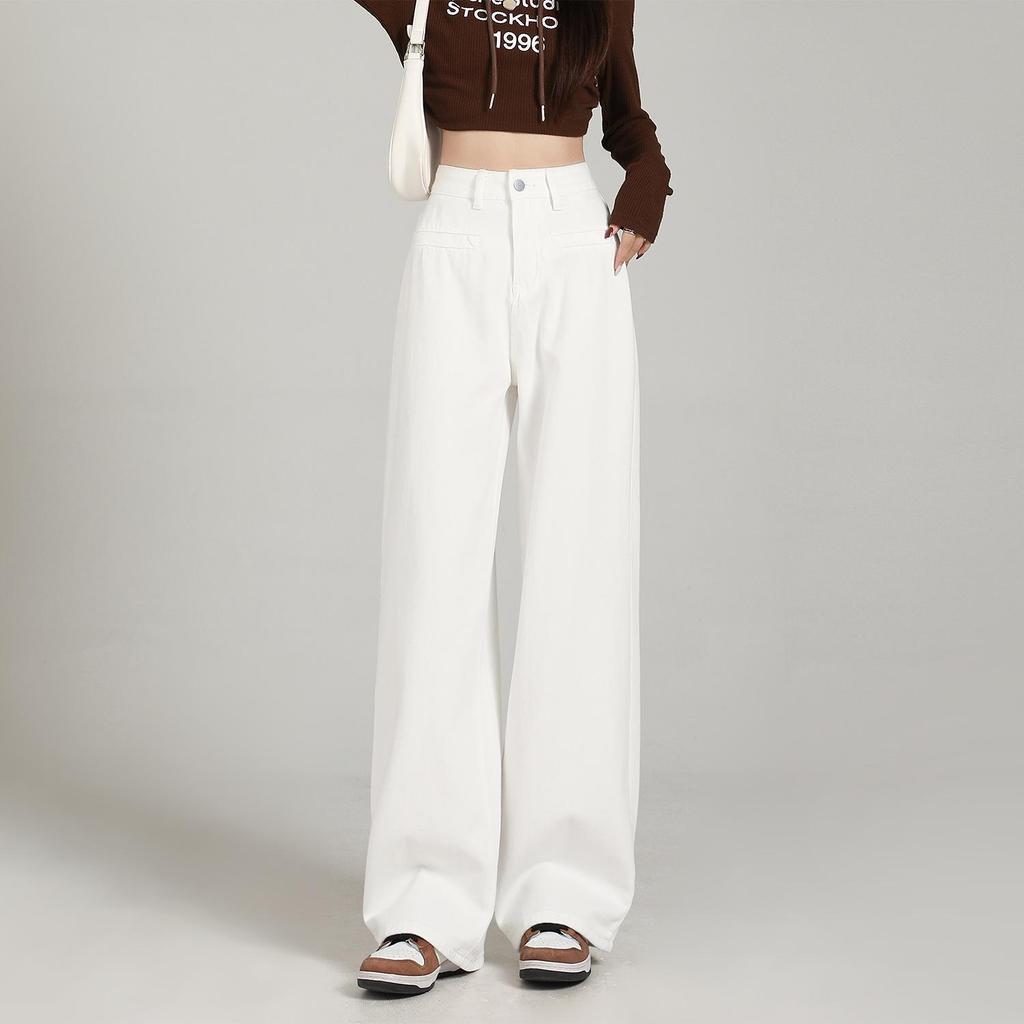 Women's High-Waisted White Wide-Leg Jeans - Spring 2026 Collection, Versatile Slimming Loose Fit, Floor-Length Straight Pants