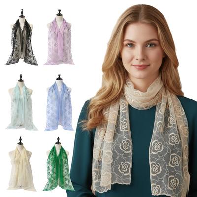 Casual Embroidered Flower Lace Scarf Breathable Mesh Lightweight Sunscreen Shawl Long Silk Scarf Spring