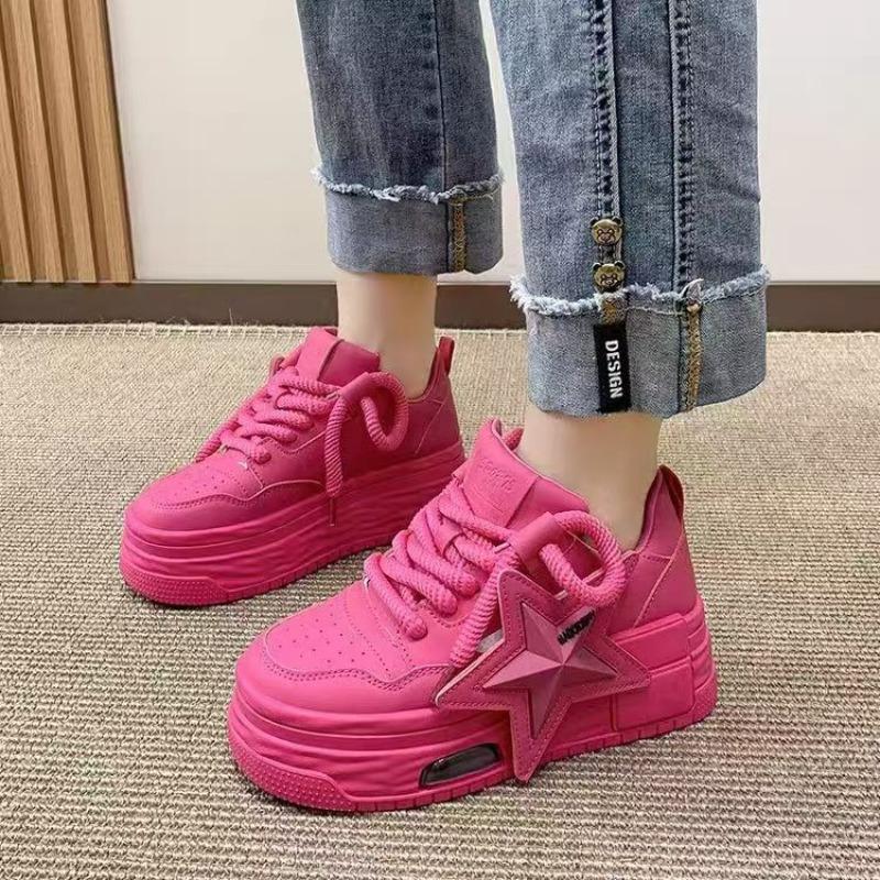 Pink Women Leather Flat Shoes Spring Autumn Chunky Increased Woman Casual Sneakers Fashion Lace-up Vulcanized Shoe Zapatos Mujer