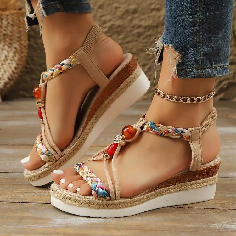 

Women Wedge Sandals Summer Braided Band Platform Gladiator Sandals Woman Thick Bottom Beach Shoes Women Sandalias 43 бежевий