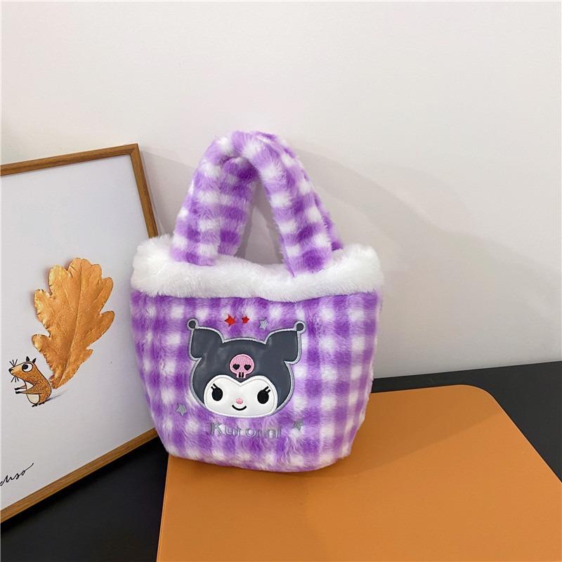 Winter New Plaid Handheld Fluffy Bag Girl Heart Cute Rabbit Female Storage Hand Carrying Cartoon Basket Bag