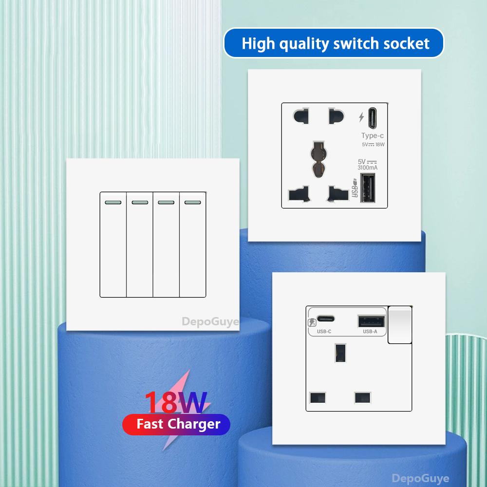 UK 13A Wall Socket with USB Type C 18W Quick Charge Power Outlet,Universal Electrical  Wall Light Switch Dual 3-pin Socket 220V