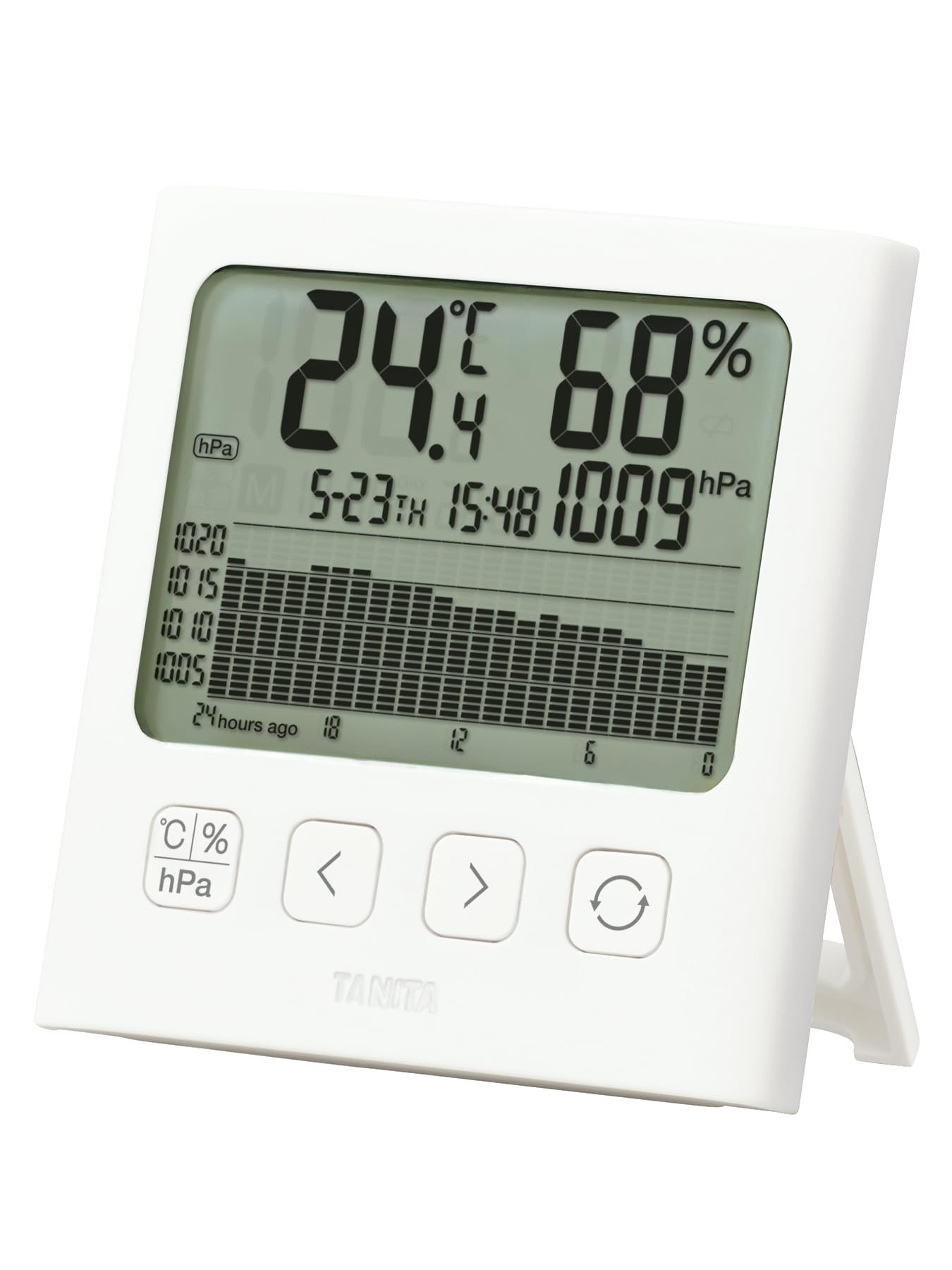 

Tanita and Barometer screen and graphs show changes in air and and Calendar weather low heat and Thermo-Hygrometer [Large easy-to-read pressure,