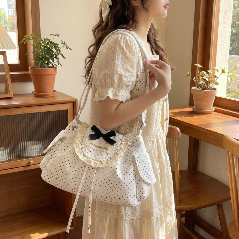 Korean Style Polka Dot Shoulder Bag Canvas Retro Underarm Bag Lace Bow Crossbody Bag Girls