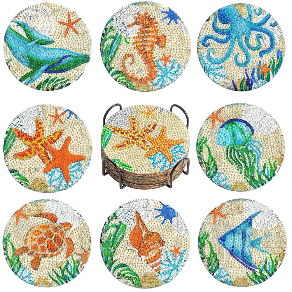6/8PCS Diamond Painting Coasters Cartoon Animal Wooden Diamond Mosaic Art Drink Cup Pad Table Placemat Home Decor Christmas Gift