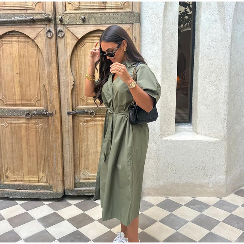 Casual Women's Lace Up Dress Single-Breasted Turn-Down Collar Short Sleeve Lady Dresses Loose Female Robe