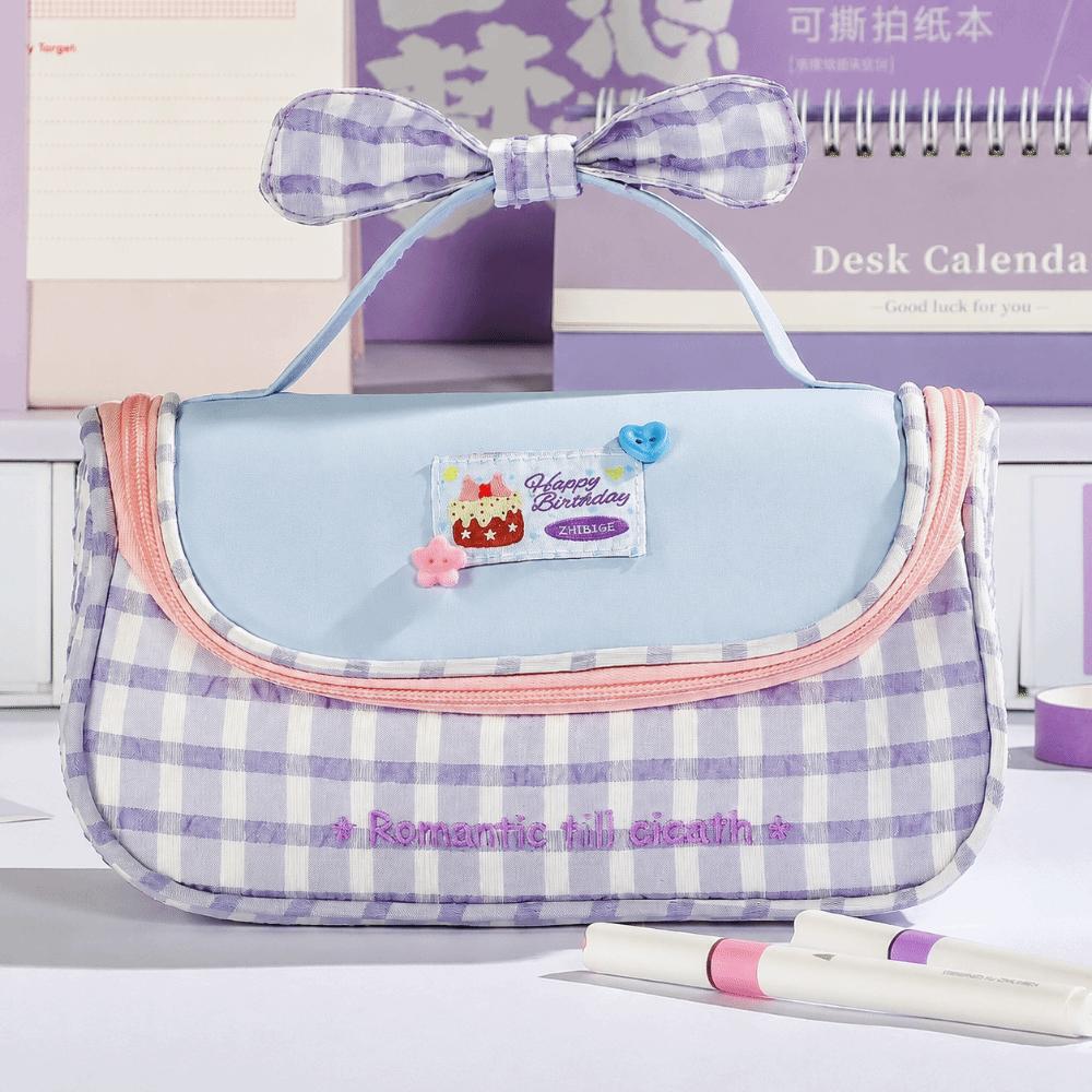 Gingham Print Stationery Bag Bow Handle Pencil Pouch Multi-Functional Pencil Case  Students