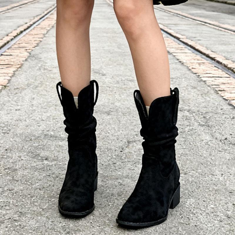 Short Boots Children's Coarse Heel Medium Tube Pile Boots Women's New Autumn Merad Western Cowboy Martin Boots