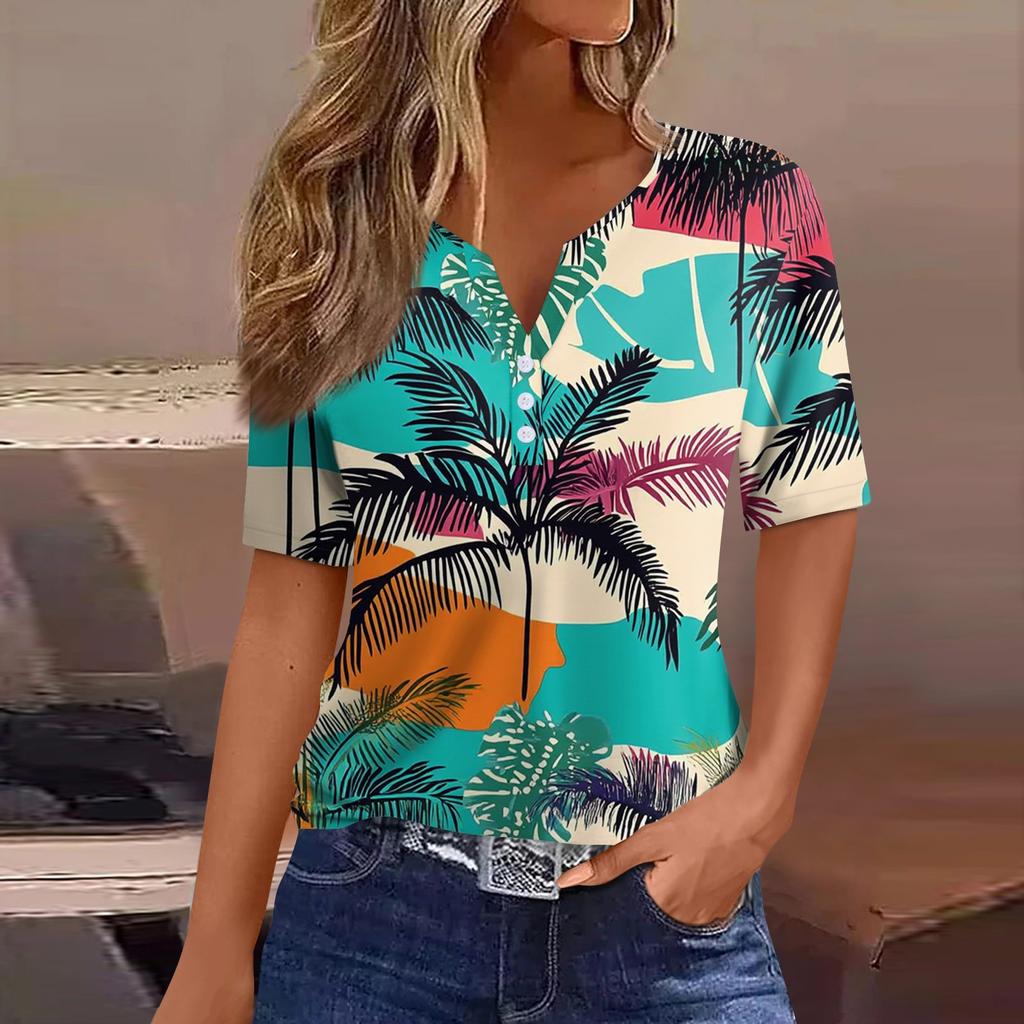Women's T Shirt Print Button Short Sleeve Daily Weekend Fashion Basic V- Neck Regular Top