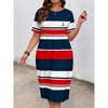 Damen-Nautikstil-Streifenprint Rundhals lockeres Kurzarmkleid