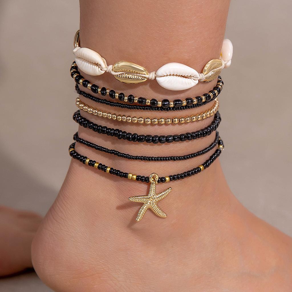 Bohemian Style Bracelets Set for Leisure Vacation Layered Wind Bracelet for Women Beach Starfish Shell Hands Decoration