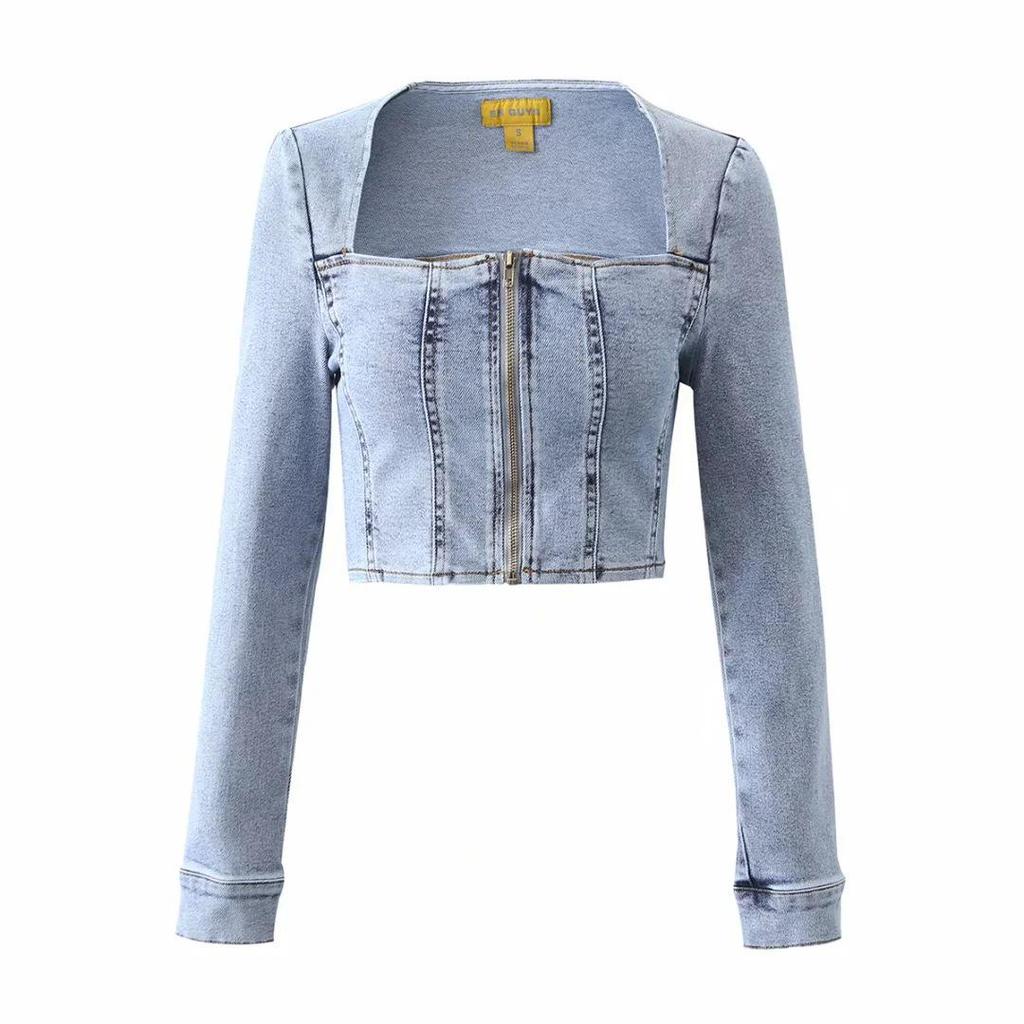 Jachetă de denim cu gât pătrat slim fit de toamnă devreme pentru femei