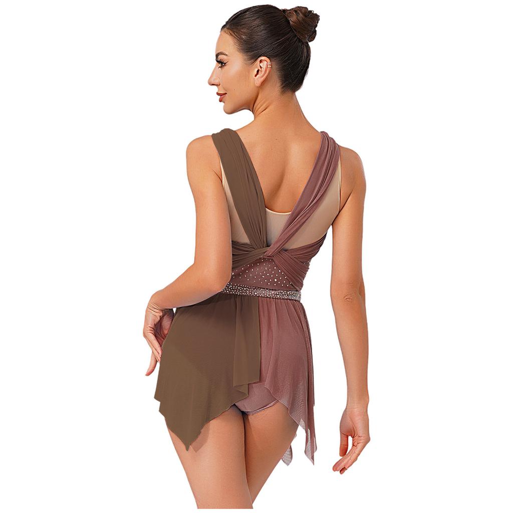 Womens Lyrical Dance Dress Rhinestone Color Block Mesh Design Ruched Twisted Knot Irregular Hem Leotard