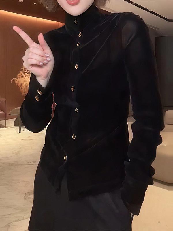 Women's Designer Velvet Long-Sleeve Top with Gold Buttons - Early Spring 2026 Collection