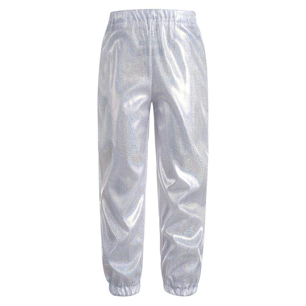 Unisex Kids Shiny Metallic Pants Elastic Waistband Trousers Unisex Dancewear Stage Outfit