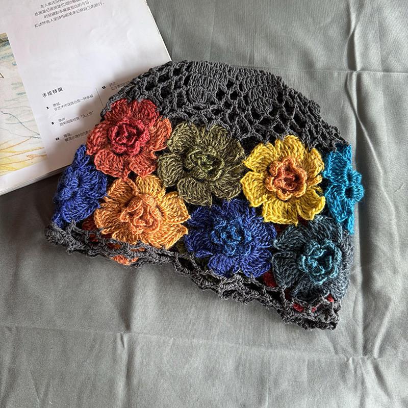 Style Knitted Ethnic Hat With Hollow Out Design And Flower Decoration Daily For