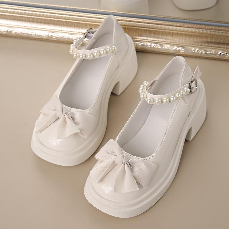 Mary Jane Shoes Women Spring New Sweet Bow Platform Platform Block Heel Pearl Versatile Single Shoes