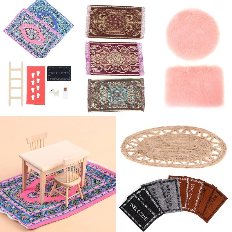 Different Types 1:12 Dollhouse Handmade Woven Mini Floor Rug Cover Carpet for Dolls House Bedroom Bathroom Living Room Decor