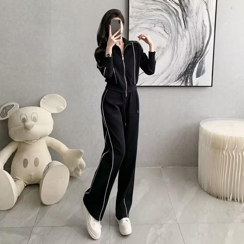 Sudadera Corta Casual a Rayas Traje Deportivo Mujer Otoño Sudadera con Cremallera Suelta Cordón Elástico Pantalones de Pierna Ancha Conjunto de Dos Piezas