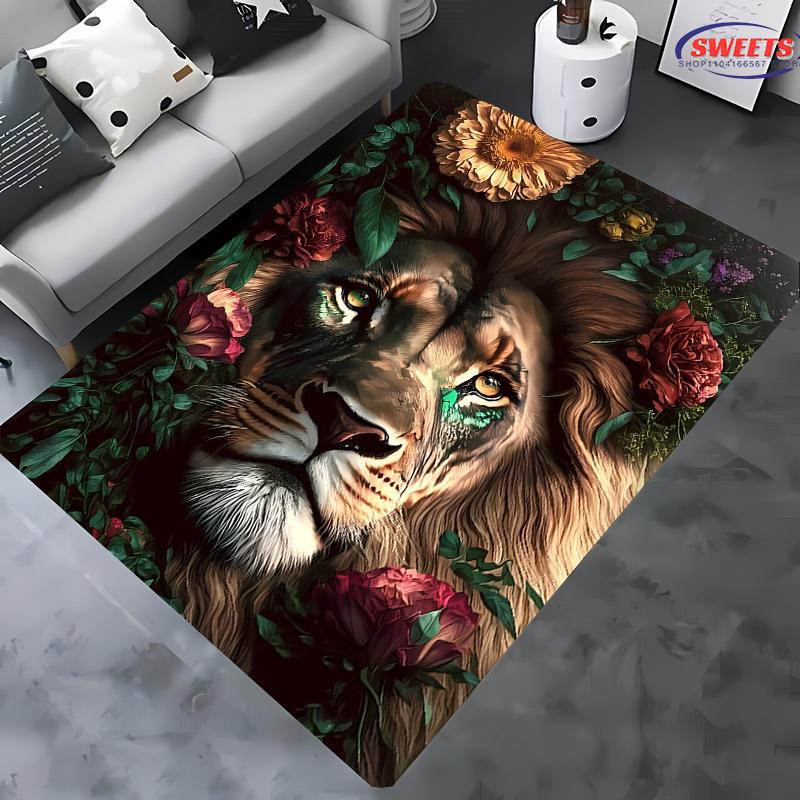 Lion Carpet Surrounded By Flowers Print Rug for Living Room, Bedroom,Office,Large Area,Rug,Stain Resistant Carpet, Fast Shipping