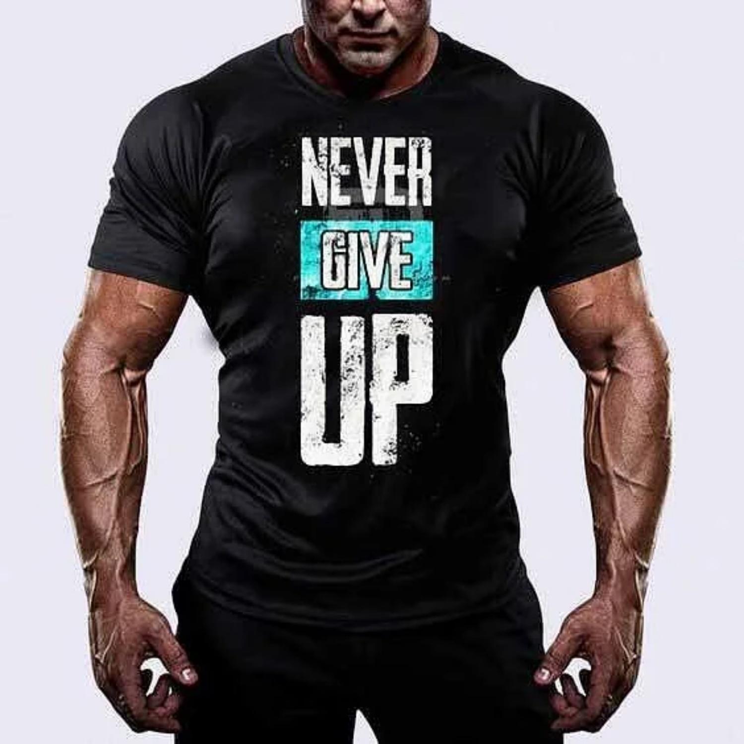 

Never Give Up Cotton TShirt Gym Fitness Mens Black Athletic Casual S чёрный
