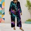 Women Plus Size Round Neck Long Sleeve Colorful Printed Top Wide Leg Pants Two Piece Set