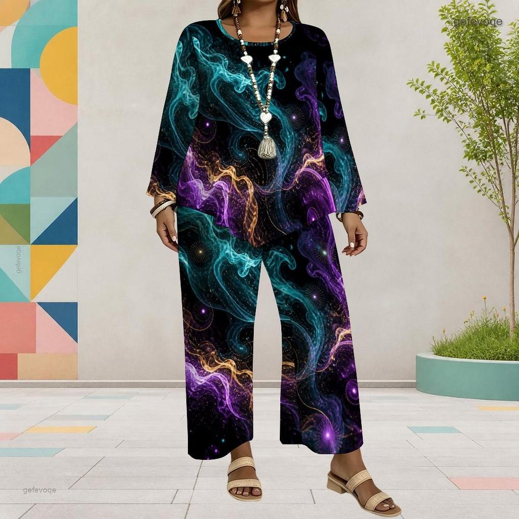 Women Plus Size Round Neck Long Sleeve Colorful Printed Top Wide Leg Pants Two Piece Set
