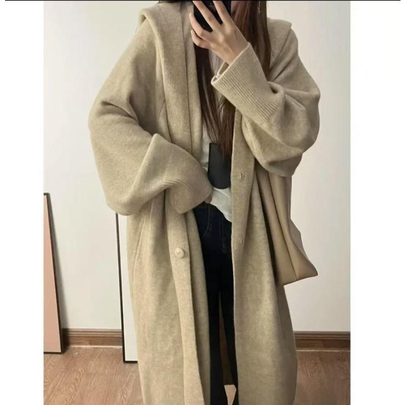 

Осень и зима новый кардиган-свитер с капюшоном женский длинный большого размера ленивый ветер однотонное вязаное пальто длинное пальто женское one size fits all абрикосовый