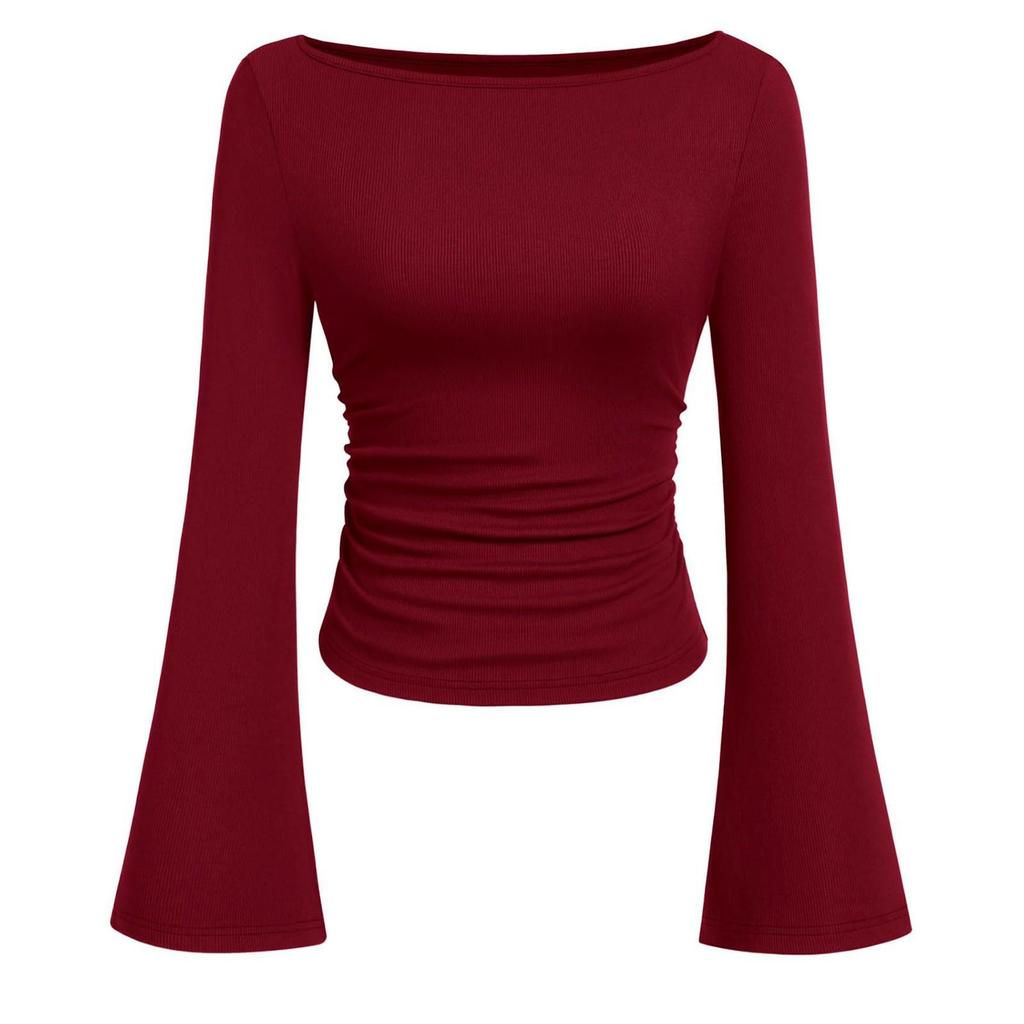 Women' Fashionable Pure-colored Flared-sleeve Long-sleeved Top