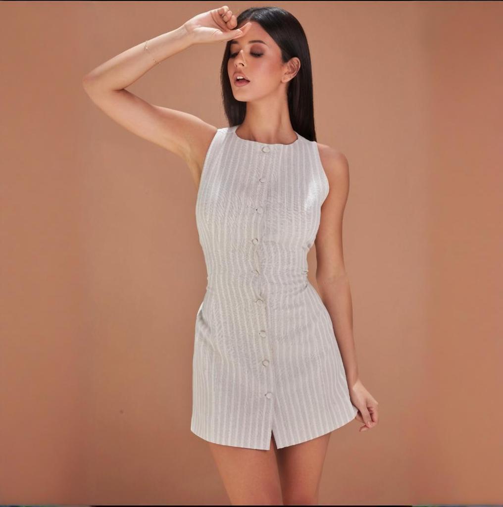 In Stock: 2025 Summer Women's Solid Color Button Tie Waist Short Skirt Dress