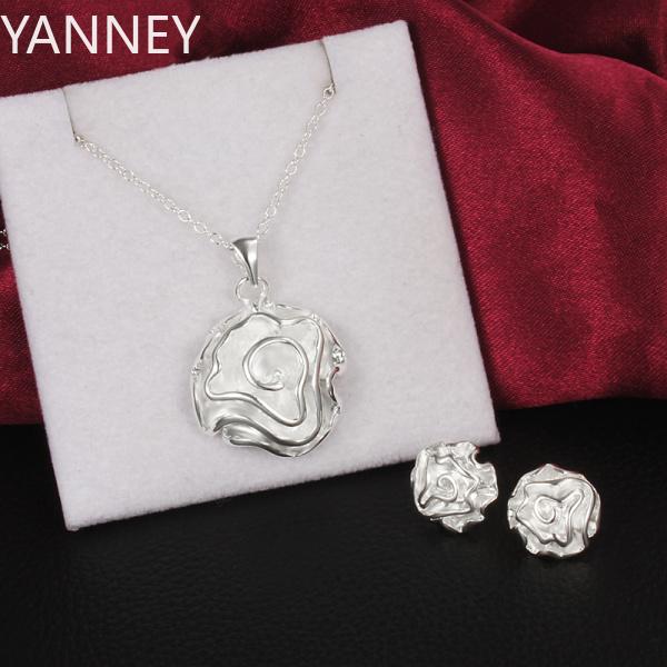 

925 Sterling Silver Jewelry set earrings stud necklaces for women fine Fashion rose flower Pendant wedding Party Christmas gifts 45CM