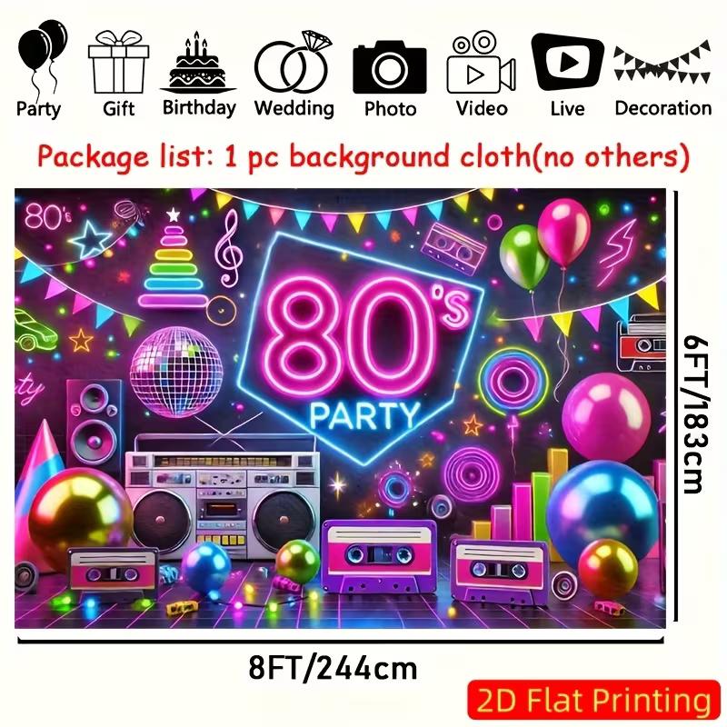 2D 80er Jahre Party Banner, Neon Boombox & Discokugel Hintergrund