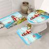 Lighthouse 4pcs Bathroom Set, Bathroom Curtain, Absorbent Bathroom Floor Carpet, Non-slip U-Shaped Contour Rug & Toilet Lid