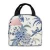 Chinoiserie Insulated Lunch Bag Blue and White Outdoor Bule Birds Flowers Reusable Waterproof Thermal Bento Bag for Work School